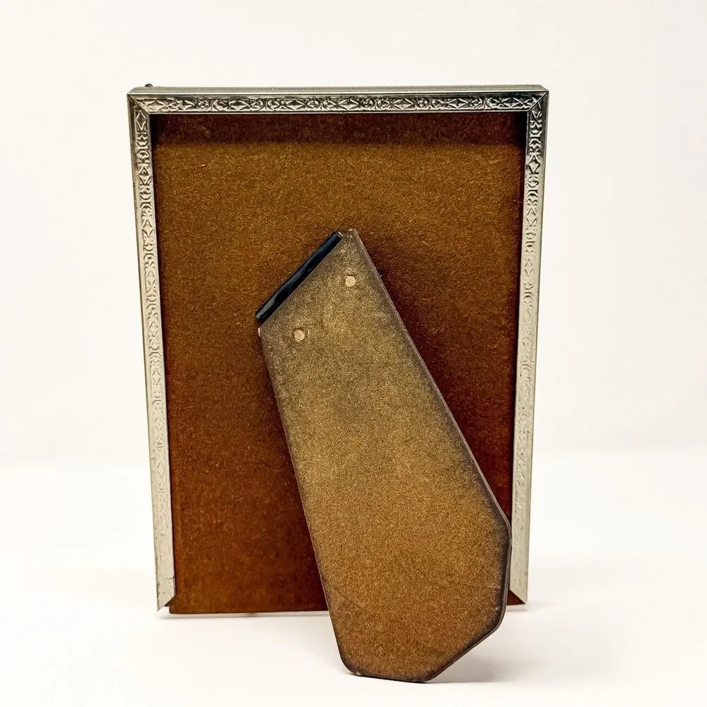 Vintage MCM Ornate Silver Tone Metal 5x7 Photo Frame Footed Easel Back